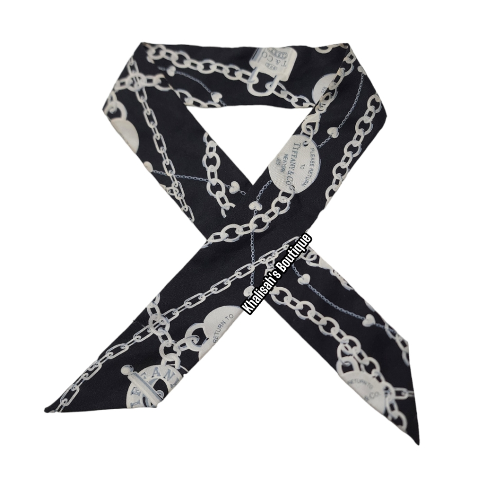 BNIB Authentic TIFFANY & CO. 100% Silk Printed Twilly Black Silver - Picture 2 of 8